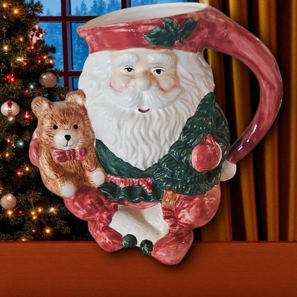 Vintage Holly Tree Santa Claus Holiday Pitcher with Bear ceramic
